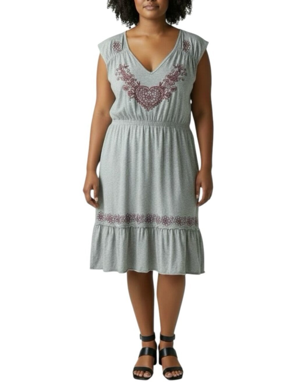 Johnny Was Gray Floral Embroidered V-Neck Dress XL Cotton Sleeveless Boho Resort